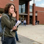 Posso lasciare la scuola a 16 anni? La guida definitiva (senza finire nei guai) Studente pensieroso di 16 anni con zaino fuori da scuola