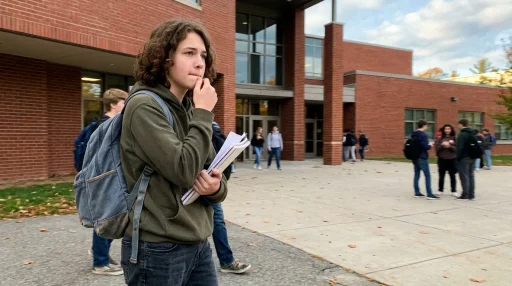 Studente pensieroso di 16 anni con zaino fuori da scuola